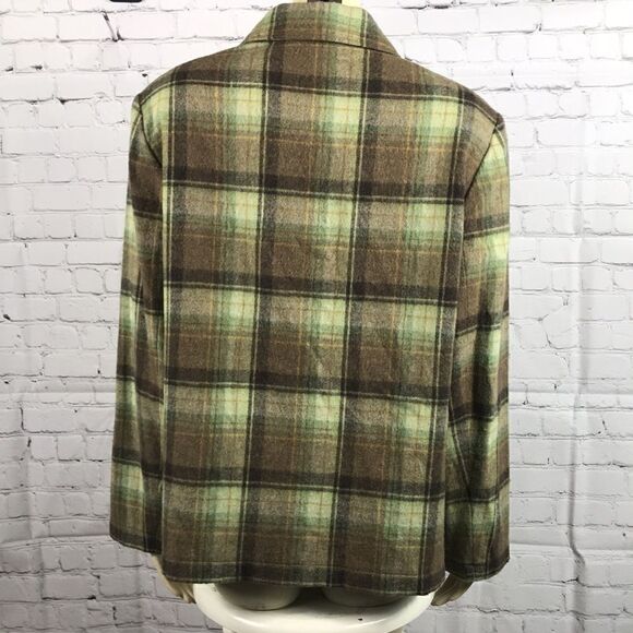 Evan Piccone size 14 Wool Plaid blend Shirt coat, EUC Green Browns Shacket - Picture 4 of 6